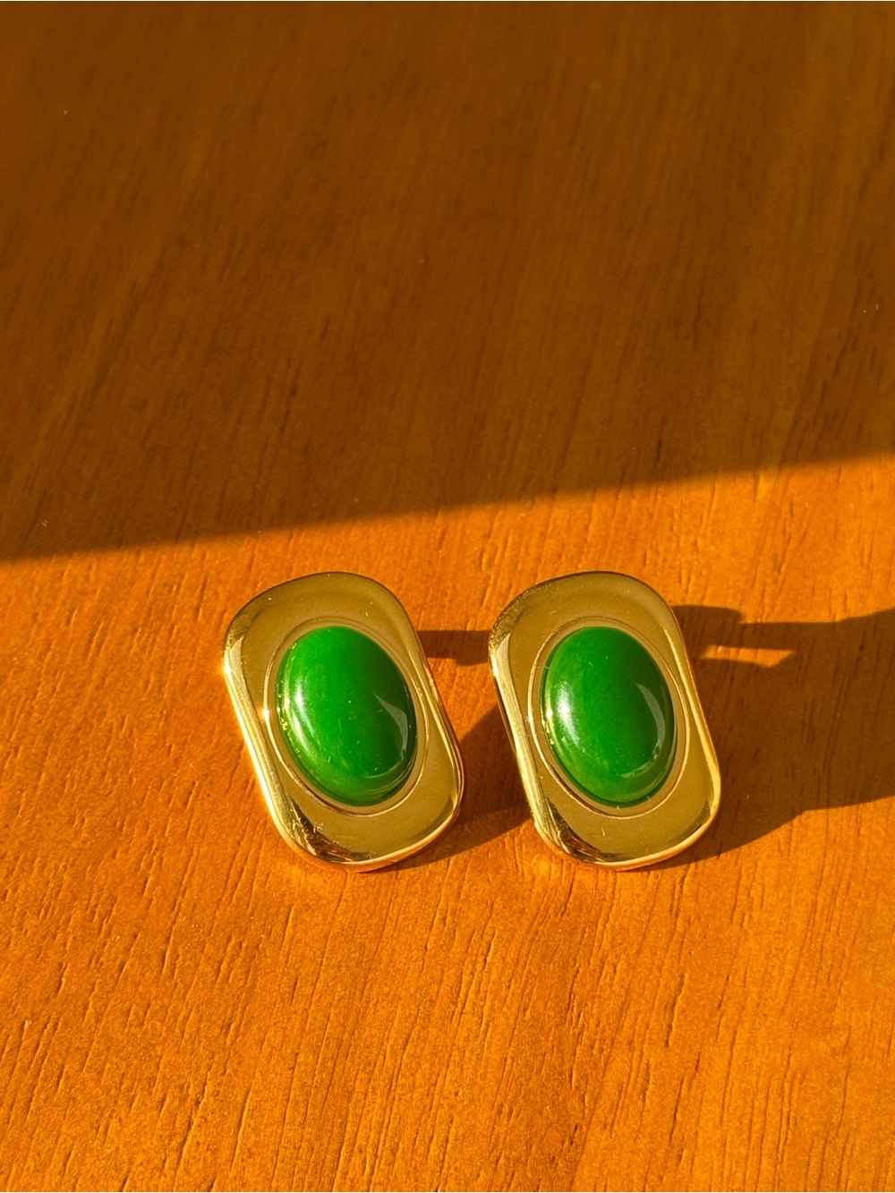 Gold-Tone Earrings with Green Cabochon Center